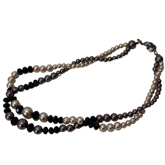 (3-097) Double Strand Necklace Taupe/Beige Pearl-Like Beads Black Faceted Beads - Picture 10 of 12